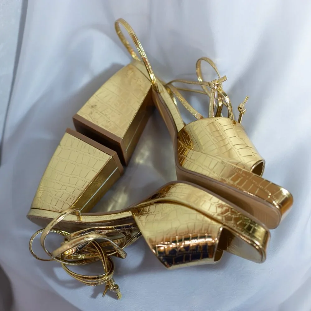 EGO Dreamer Womens Gold Croc Block Platform Heels Shoes Lace Up Size US 8M